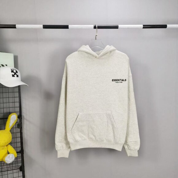 Fear of God Essentials SS22 Light Oatmeal Logo Flocked Hooded Sweatshirt for Men - Picture 1 of 9